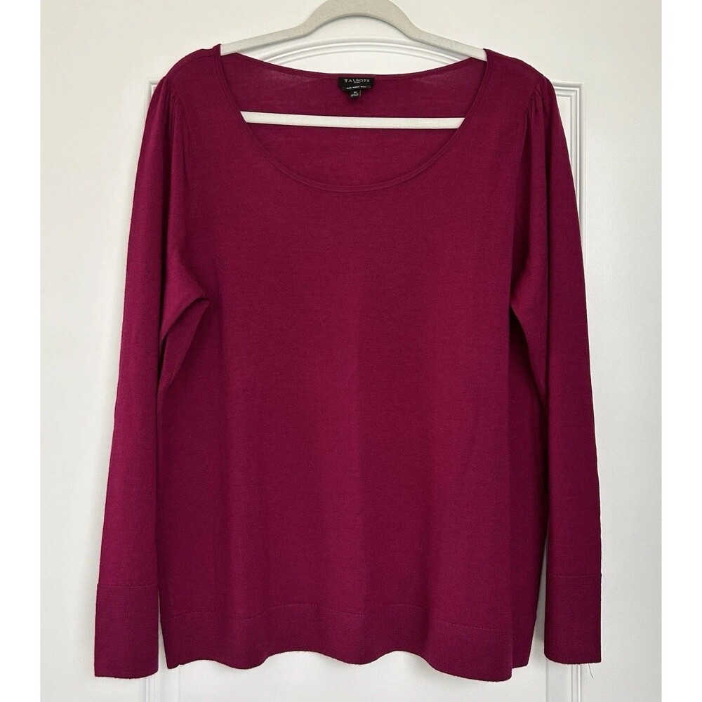 Talbots Women 1X Merino Wool Sweater Top Magenta Lightweight Pearl Button Detail